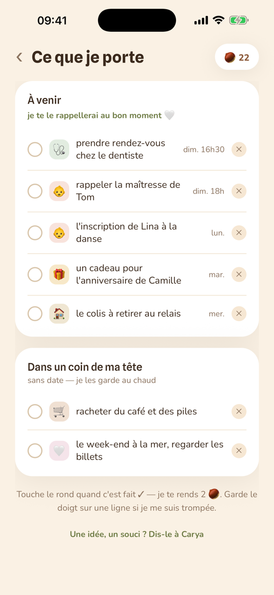 Écran « Ce que je porte » : la liste de ce que tu lui as confié