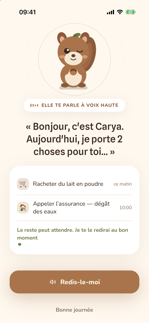 Briefing du matin : « Bonjour, c'est Carya. Aujourd'hui, je porte 2 choses pour toi… »